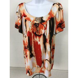 AGB Womens Top Size XL Orange Brown Floral Blouse With Back Crochet Neckline